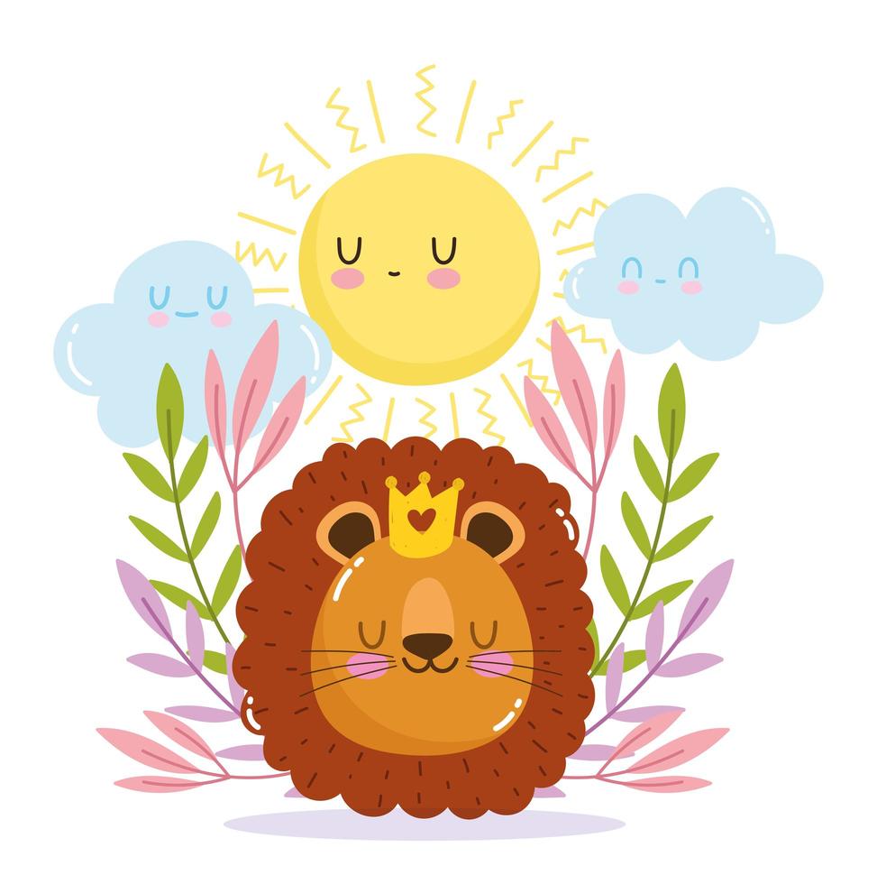 Little lion with crown, sun, and foliage vector