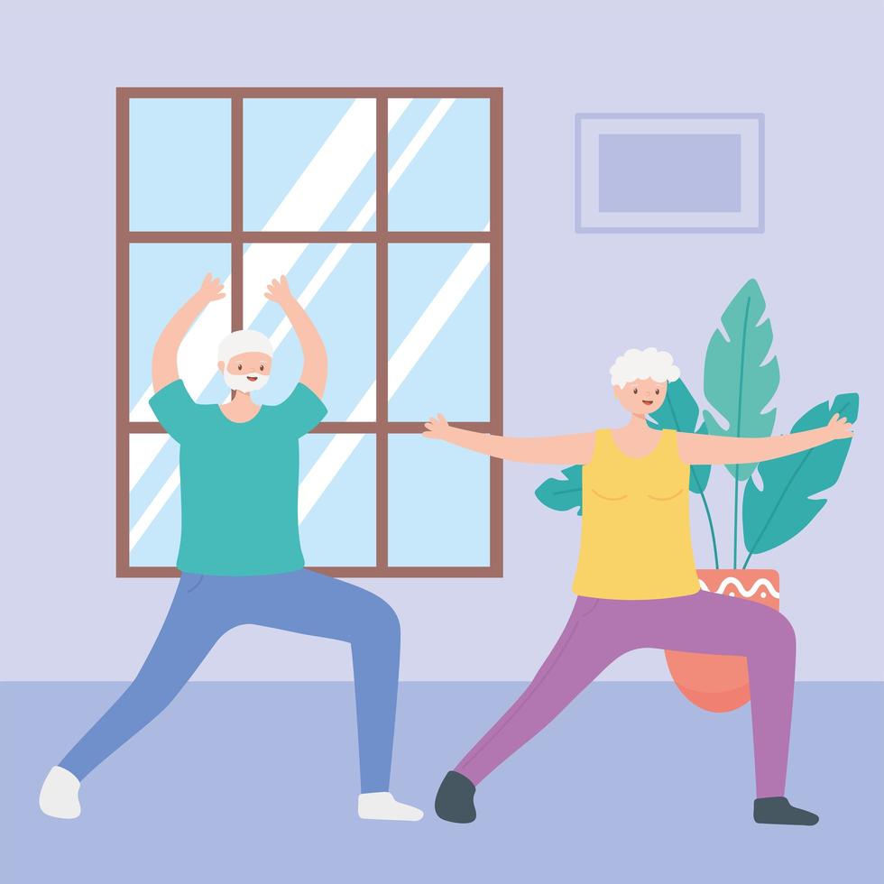 Elderly people exercising indoors vector