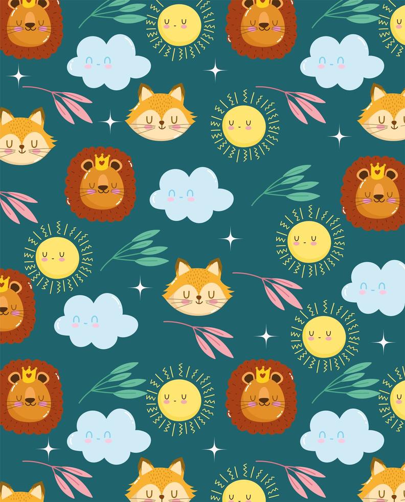 Fox, lion, clouds, and sun cartoon  vector