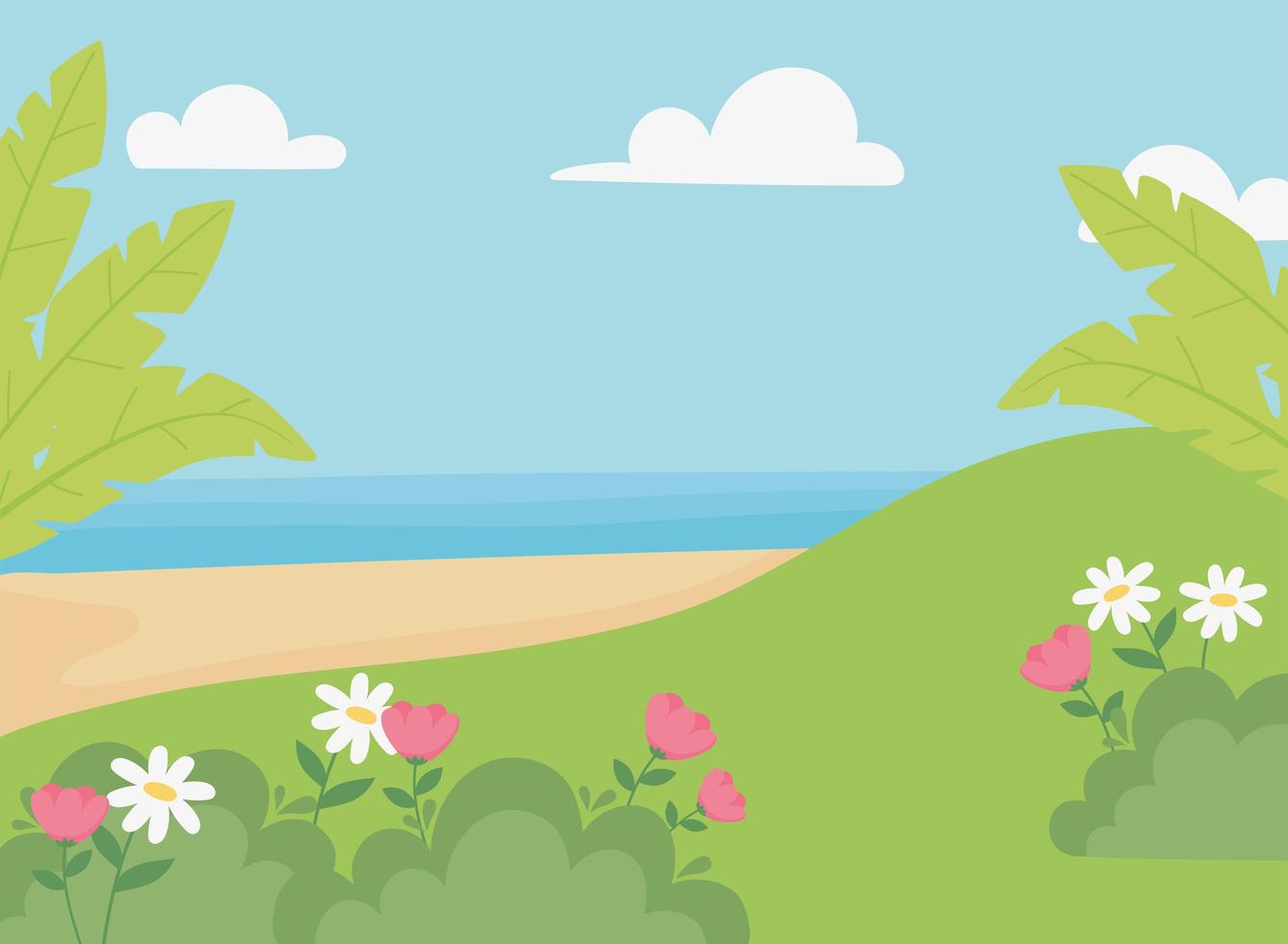 Landscape, meadow, flowers, sand beach, sea and sky vector