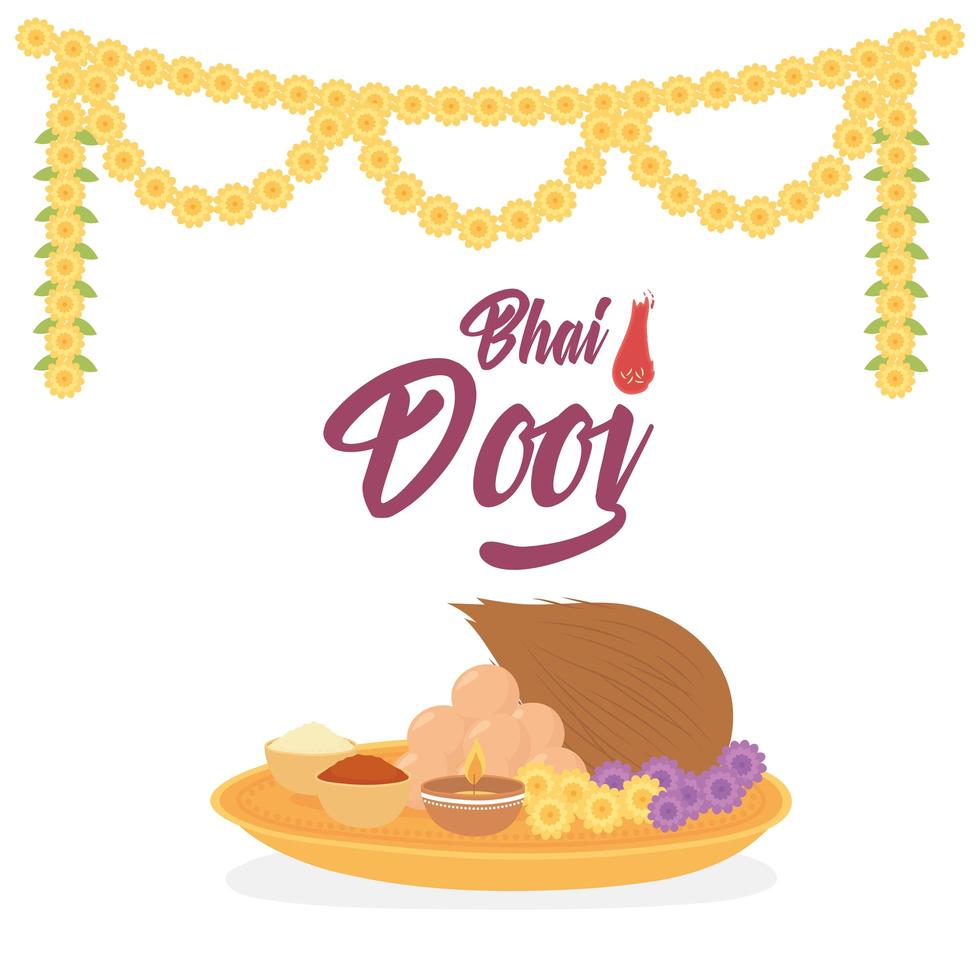 feliz bhai dooj. celebración india, comida y flores. vector