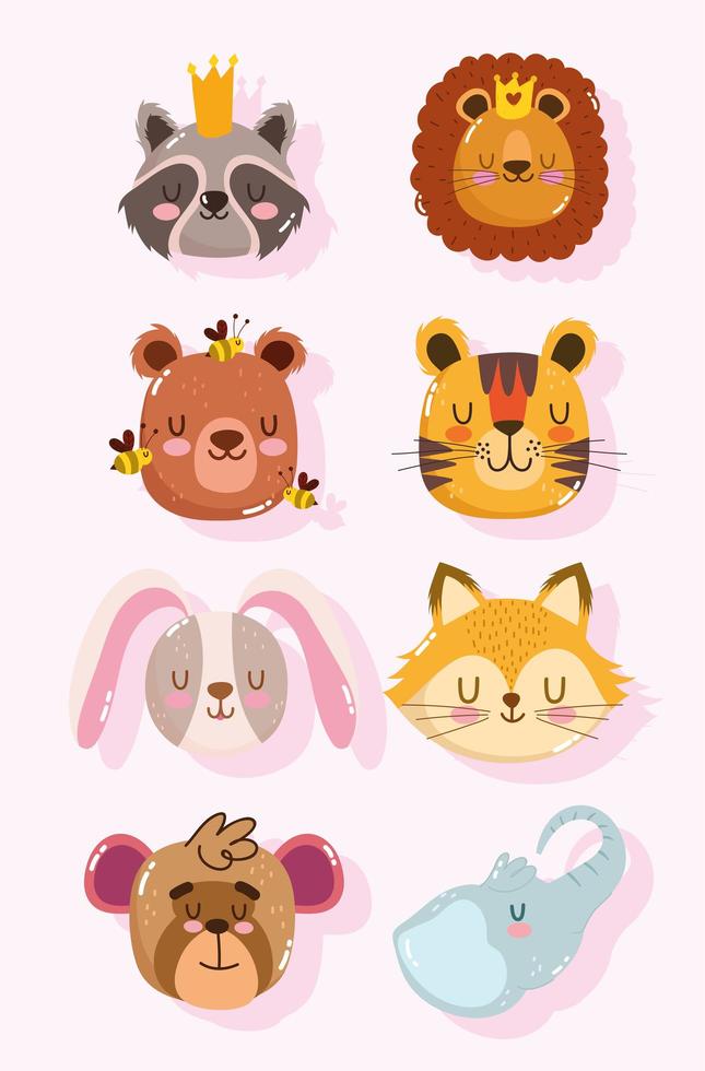 Raccoon, lion, bear, tiger, rabbit, fox, and monkey vector