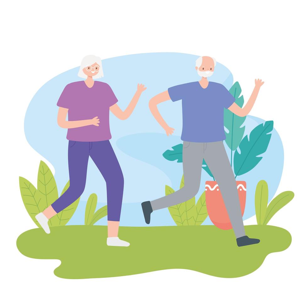 Elderly couple running outdoors vector