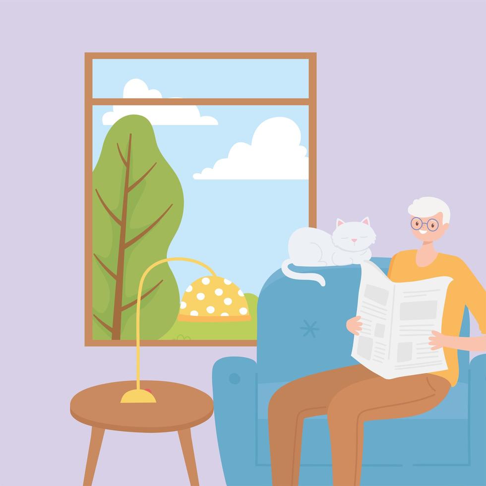 Elderly man reading a newspaper indoors vector