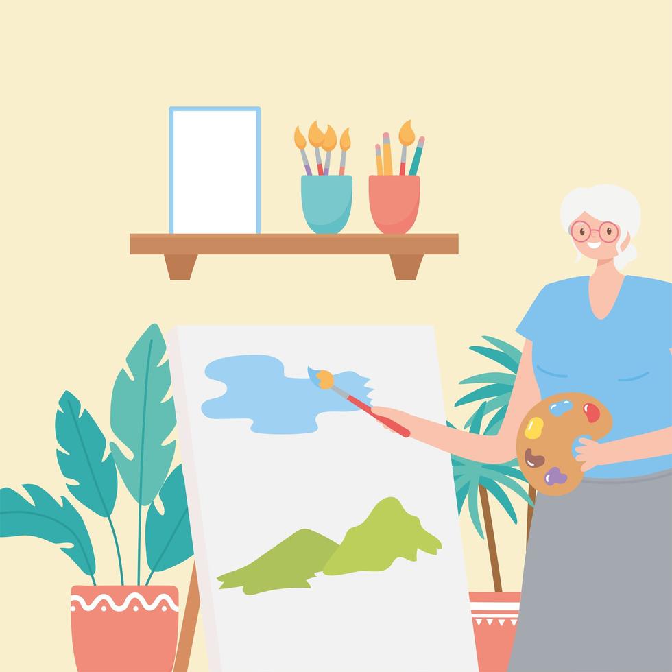 Elderly woman painting indoors vector