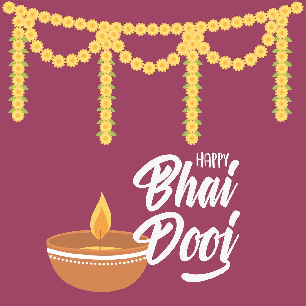 Happy Bhai Dooj. Diya lamp light and flowers garland vector