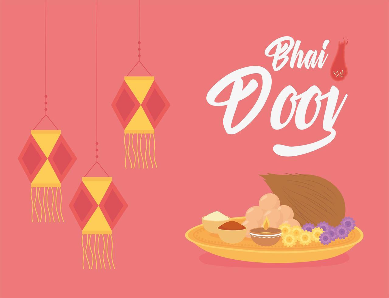 feliz bhai dooj. linternas colgantes y comida tradicional. vector