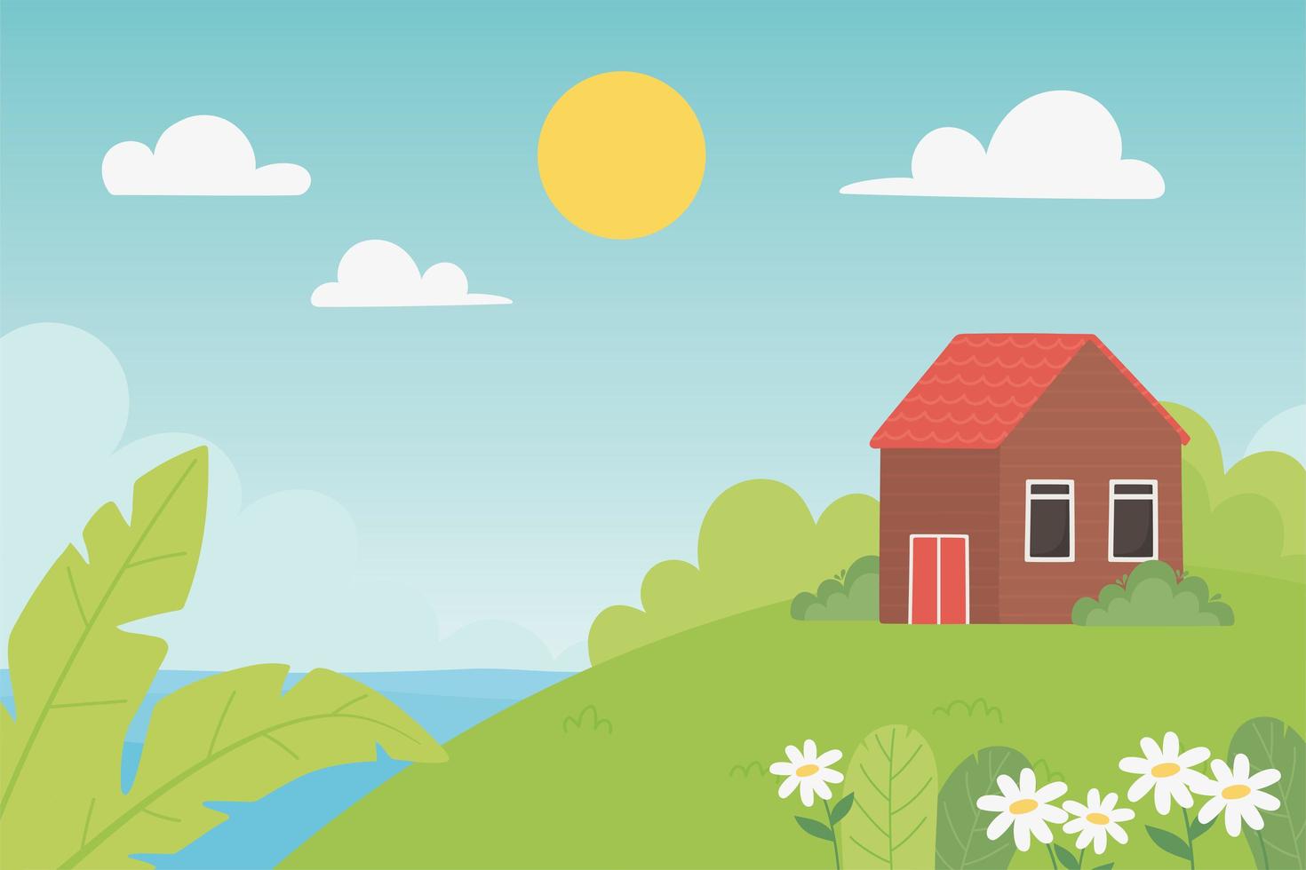 Landscape countryside house, meadow, flowers, and leaves vector