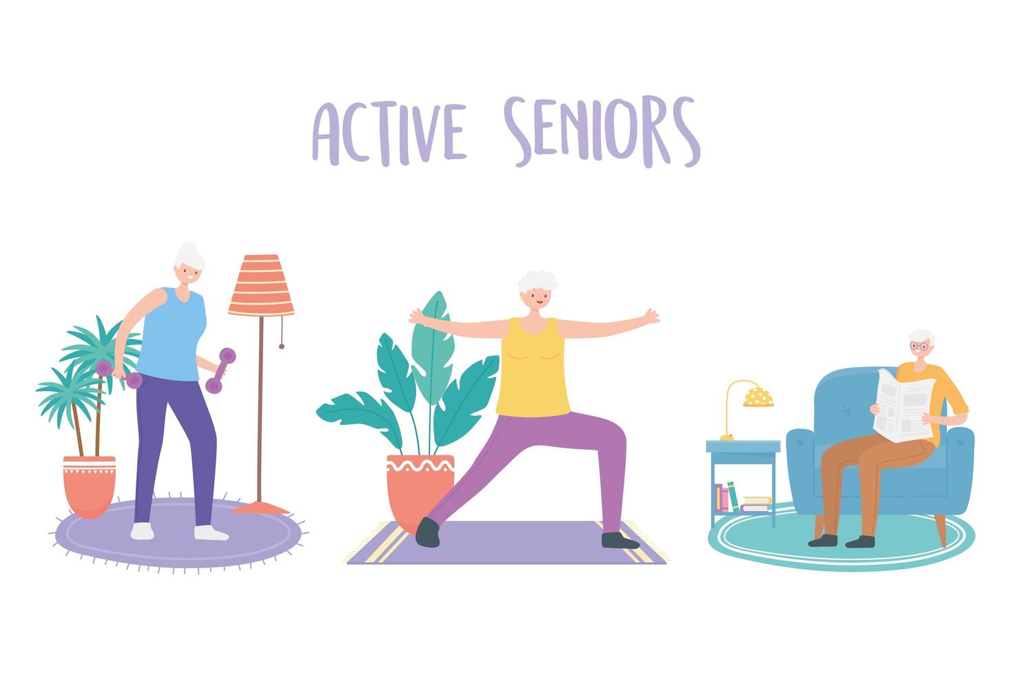 personas mayores haciendo actividades en interiores. vector