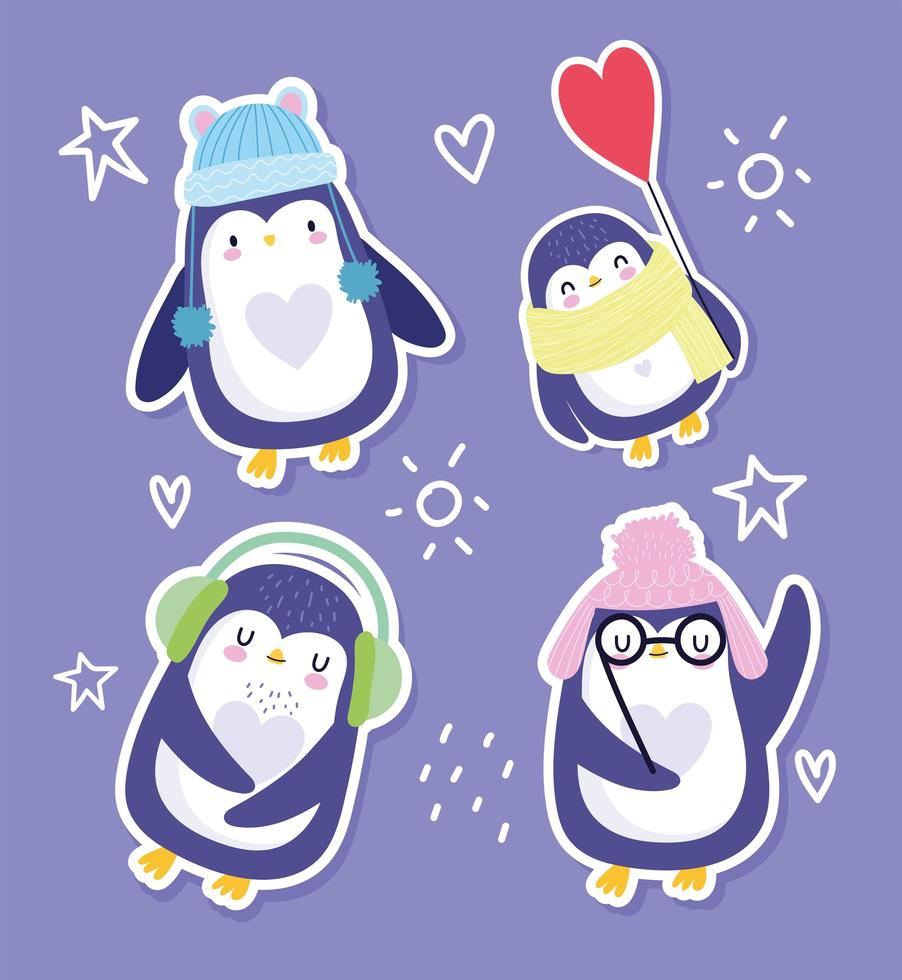 Funny penguins with hats, glasses, and scarf  vector