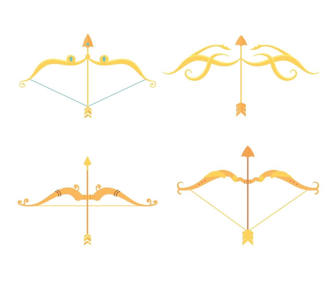 flechas doradas y arcos conjunto de armas antiguas vector