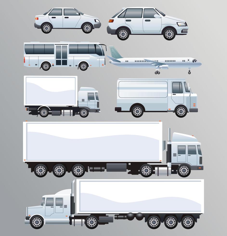 paquete de vehículos de transporte blancos establecidos vector