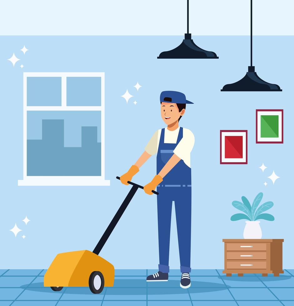 Male housekeeping worker with floor cleaning machine  vector