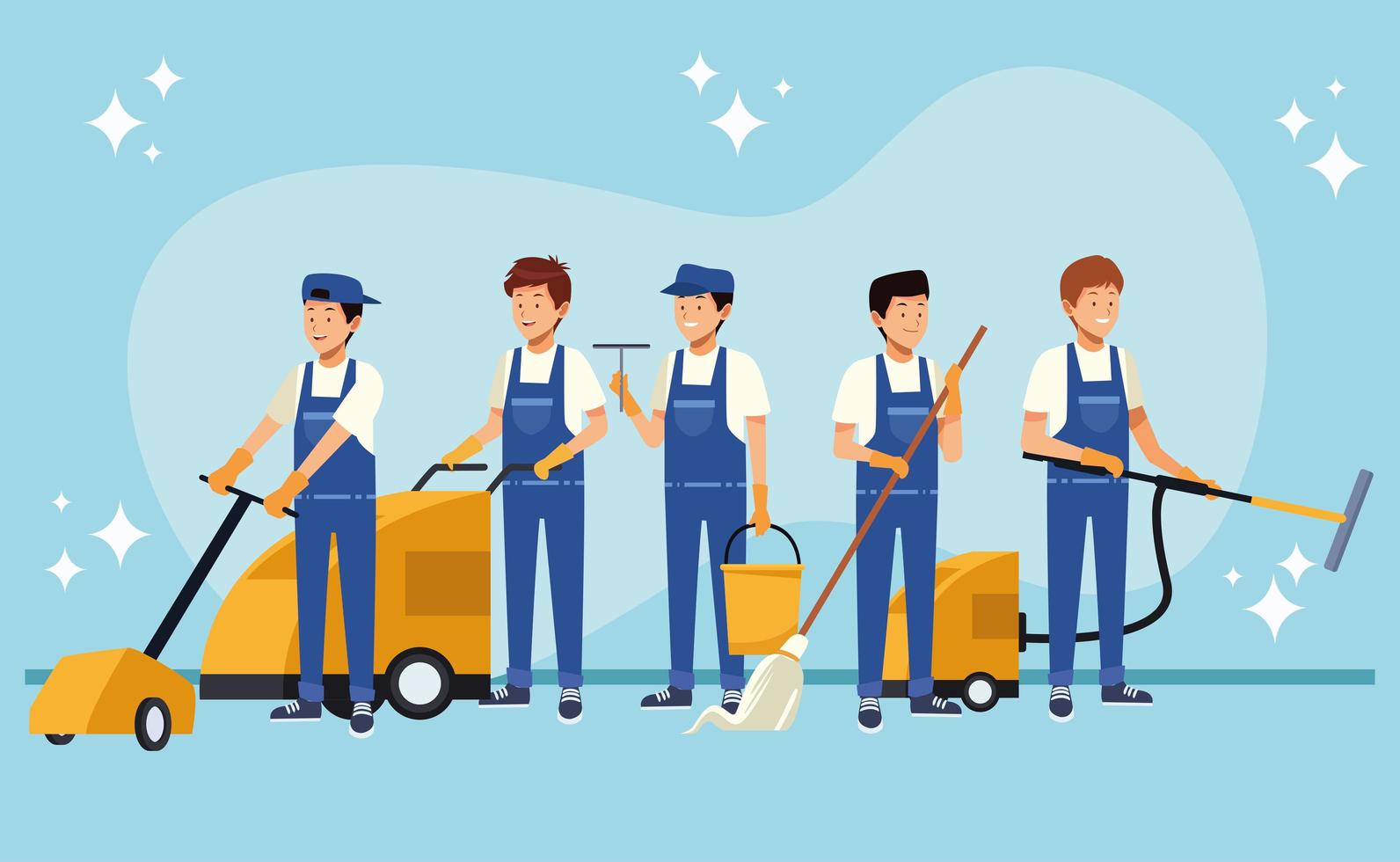 Male housekeeping workers with equipment  vector
