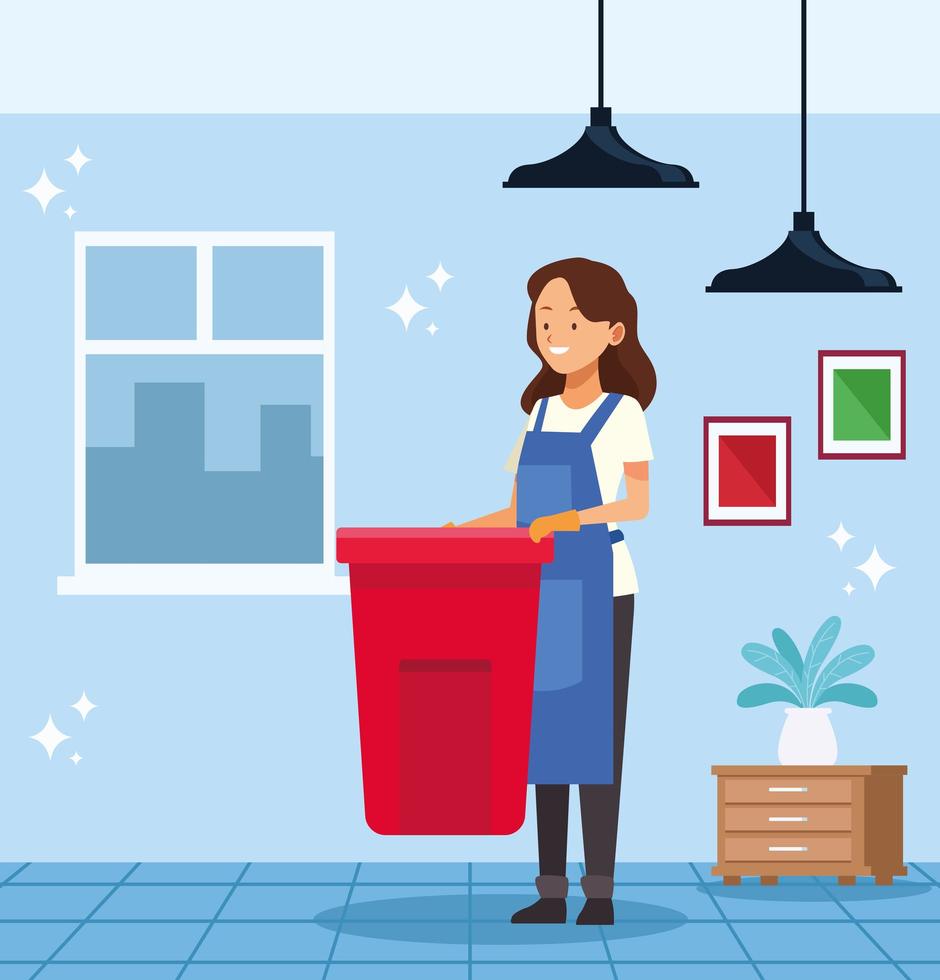 Housekeeping worker with garbage waste can vector