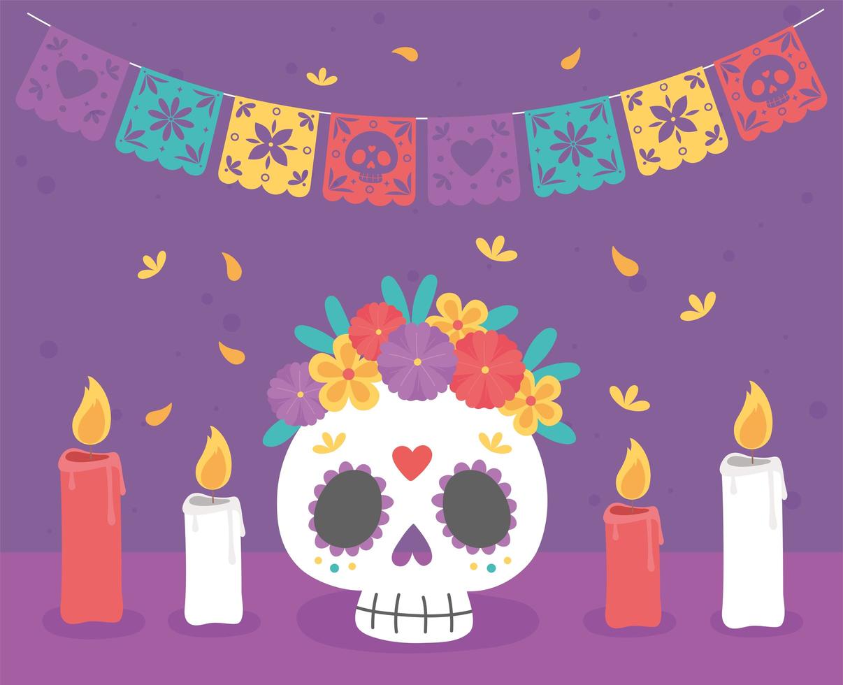 celebración del día de muertos con calavera de azúcar vector