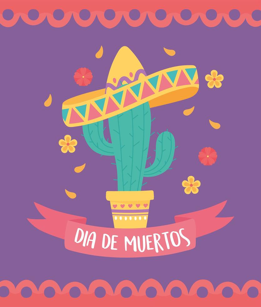 celebración del dia de muertos con cactus y sombrero vector