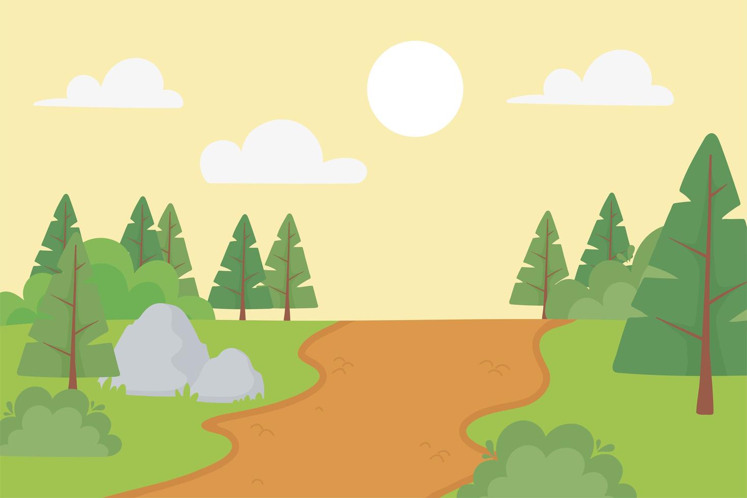 paisaje de pinos, caminos, piedras y arbustos vector