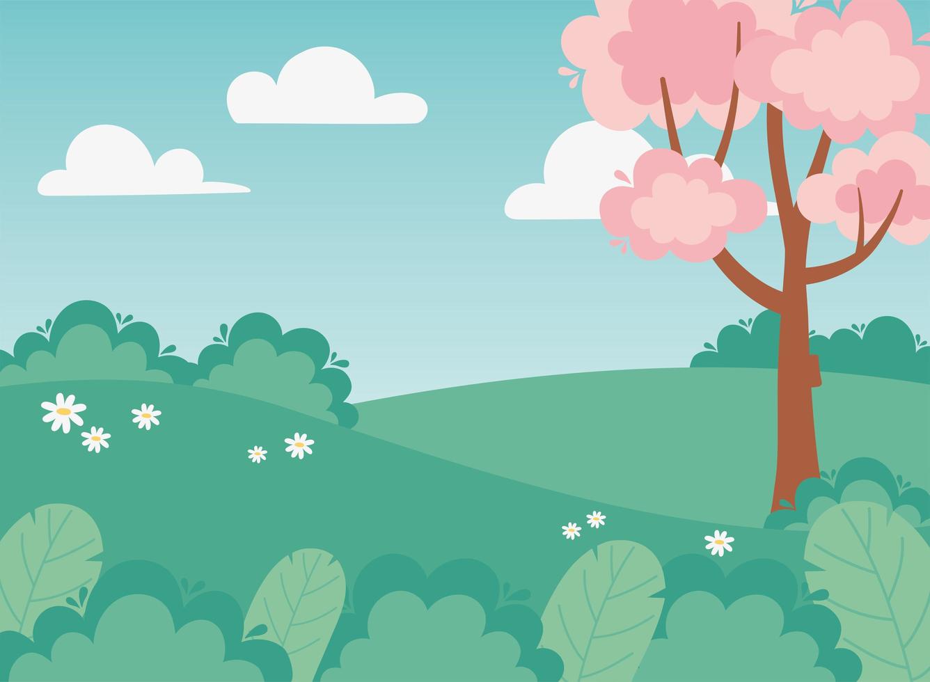 Landscape vegetation, flowers, bushes, field, and tree  vector