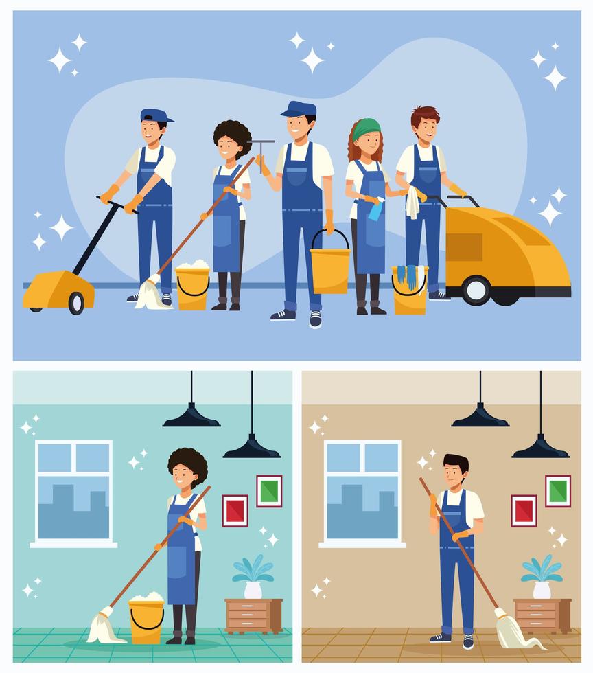 Housekeeping team workers with equipment set vector
