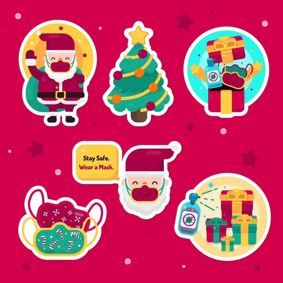 Sticker Set of Christmas During Covid-19 Pandemic vector