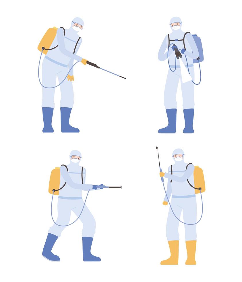 conjunto de trabajadores en trajes de materiales peligrosos. vector