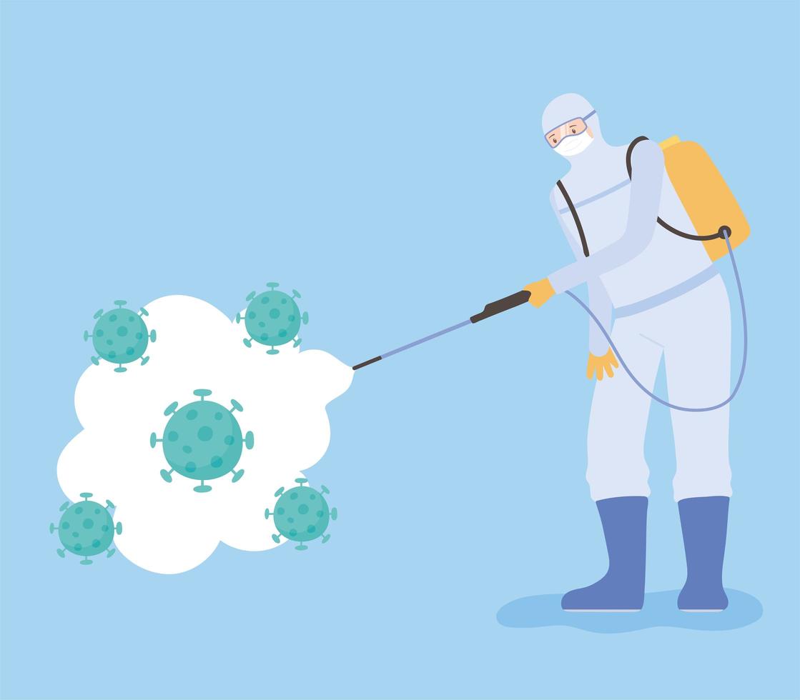 Disinfection concept with worker in protective suit vector