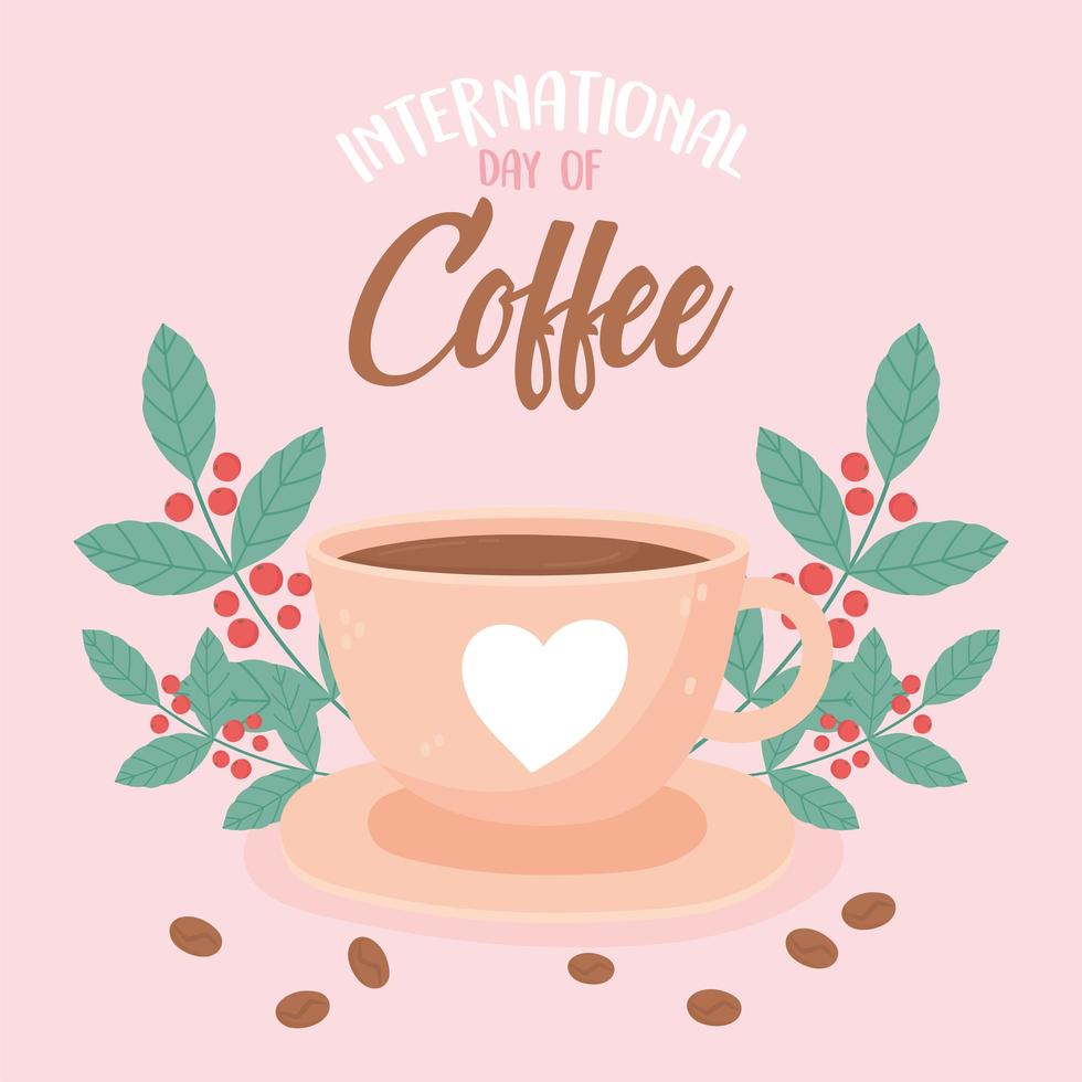 día internacional del café. bebida, semillas frescas y hojas vector