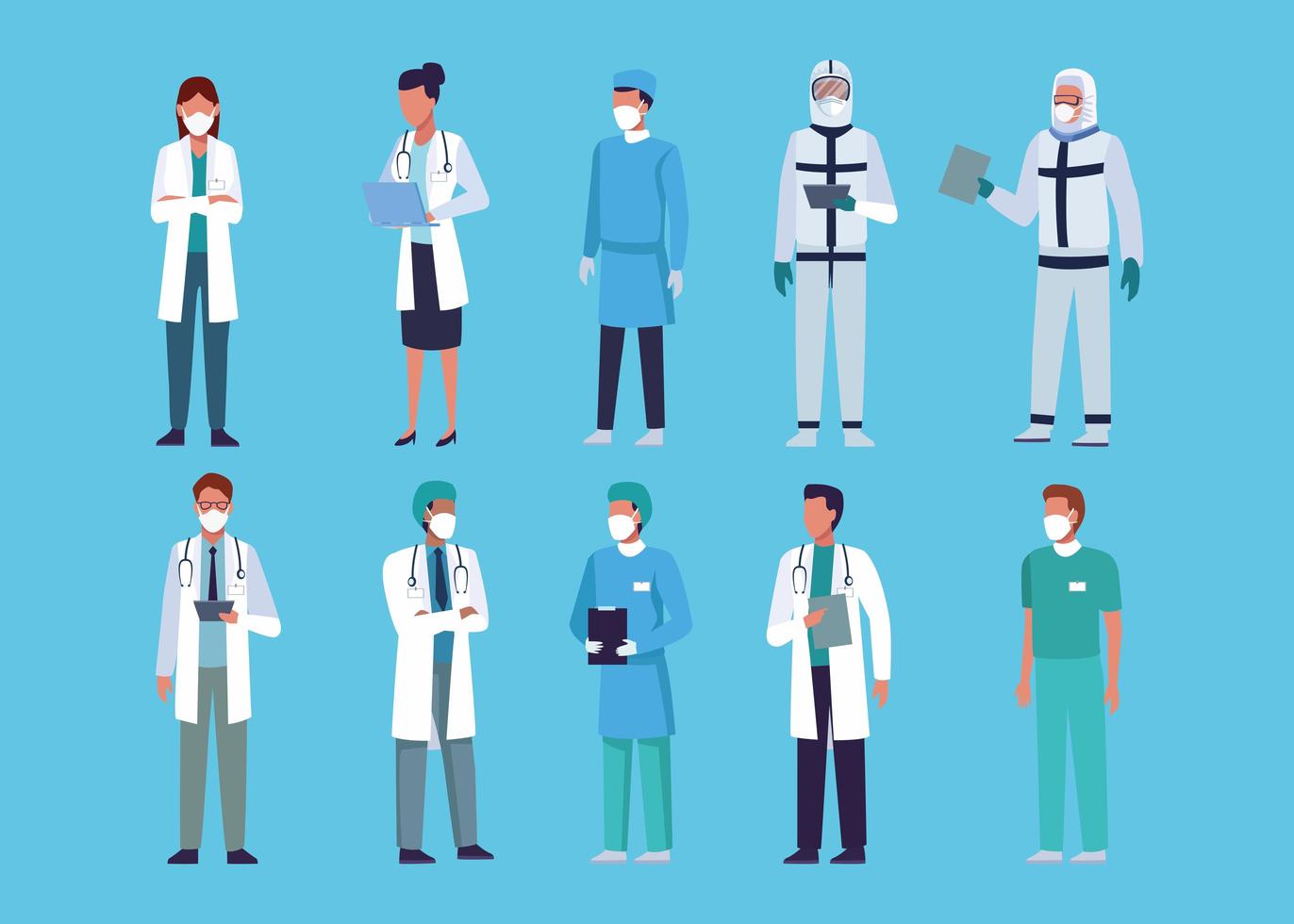 Collection of doctors staff wearing medical masks vector