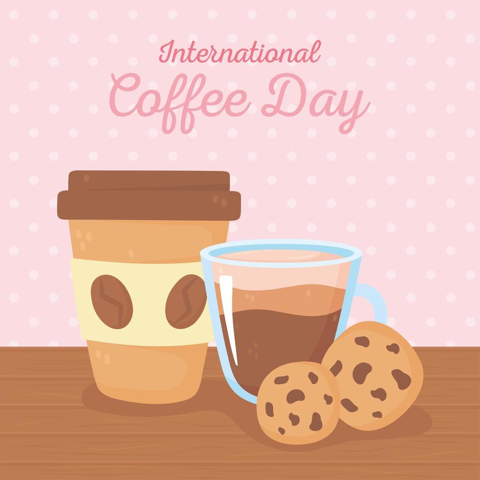 día internacional del café. taza de papel para llevar y galletas vector