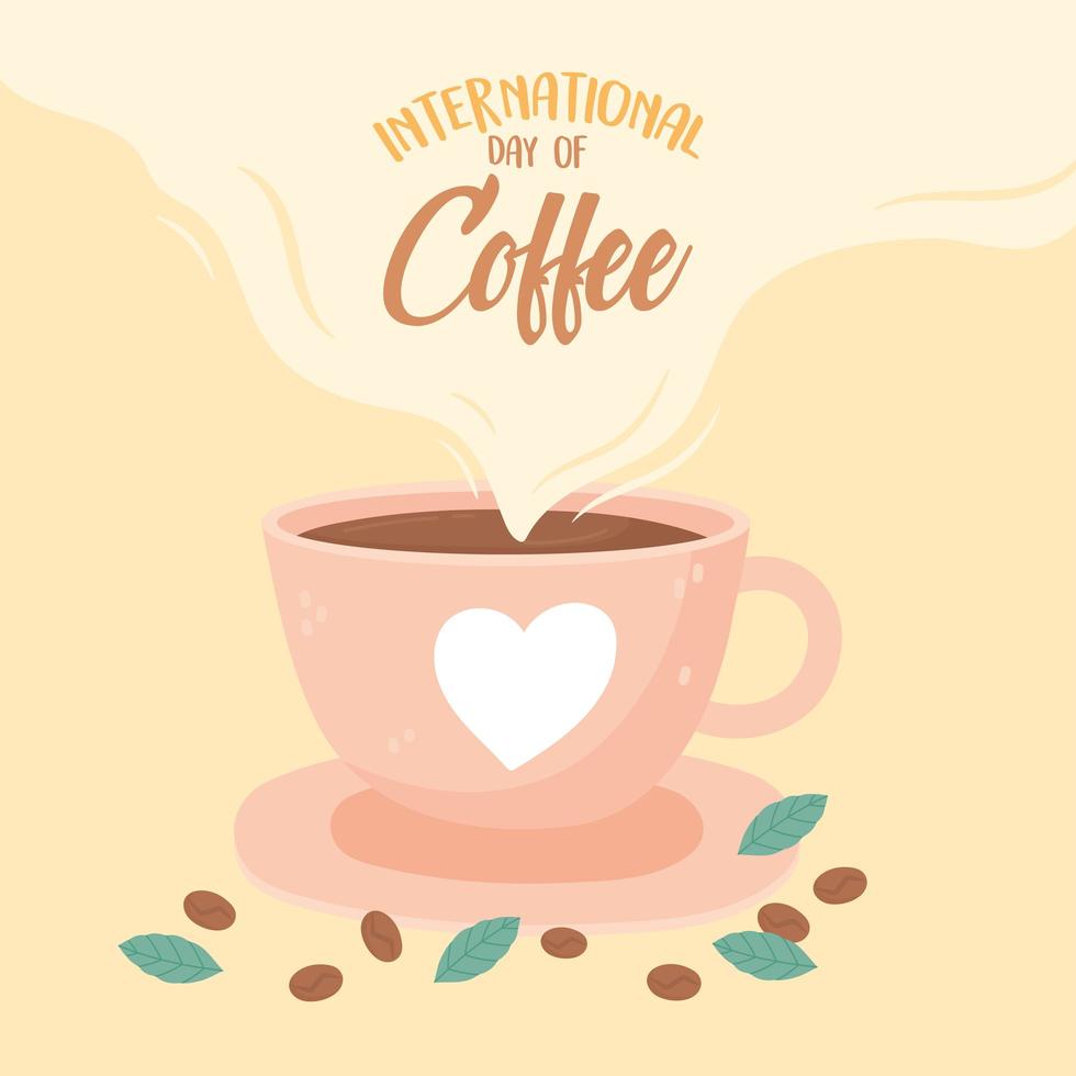 día internacional del café. taza, semillas y hojas vector