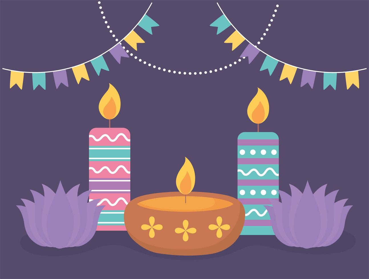 velas y flores de loto para la celebración de diwali vector