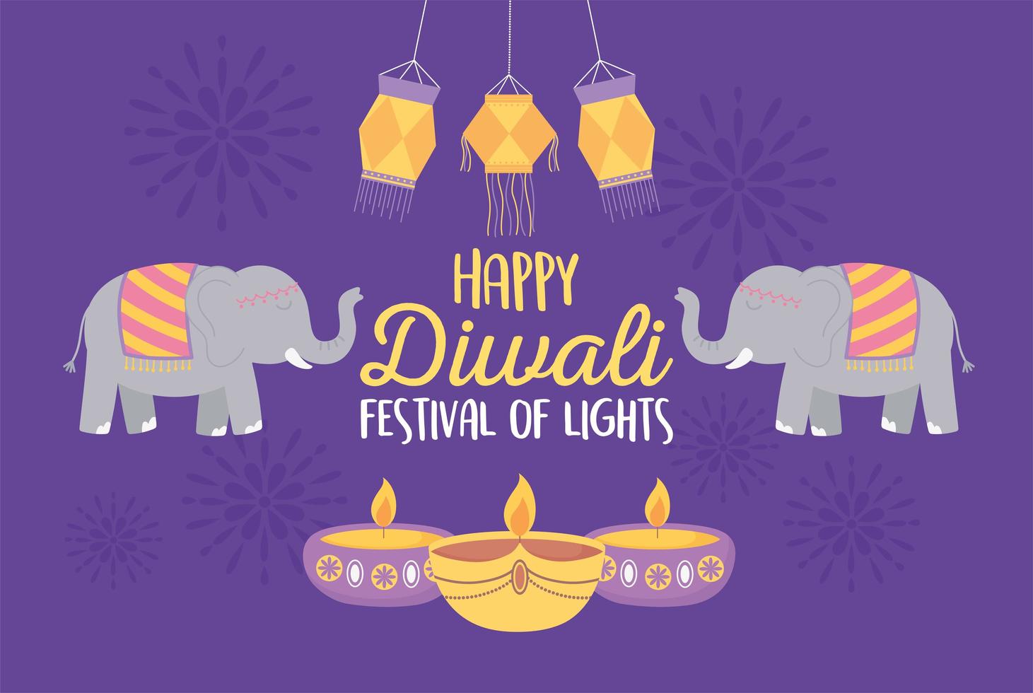 Elephants and lamps for Diwali Festival celebration vector