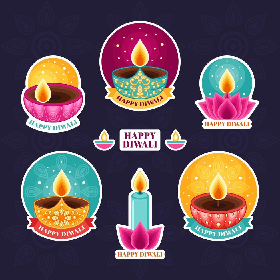 colorida colección de pegatinas de velas happy diwali vector