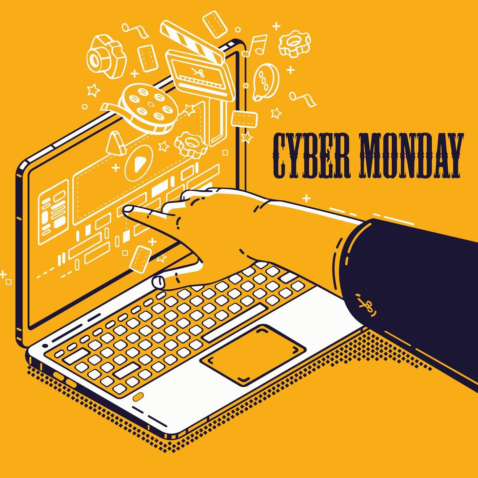 Cyber Monday design with hand pointing at laptop vector