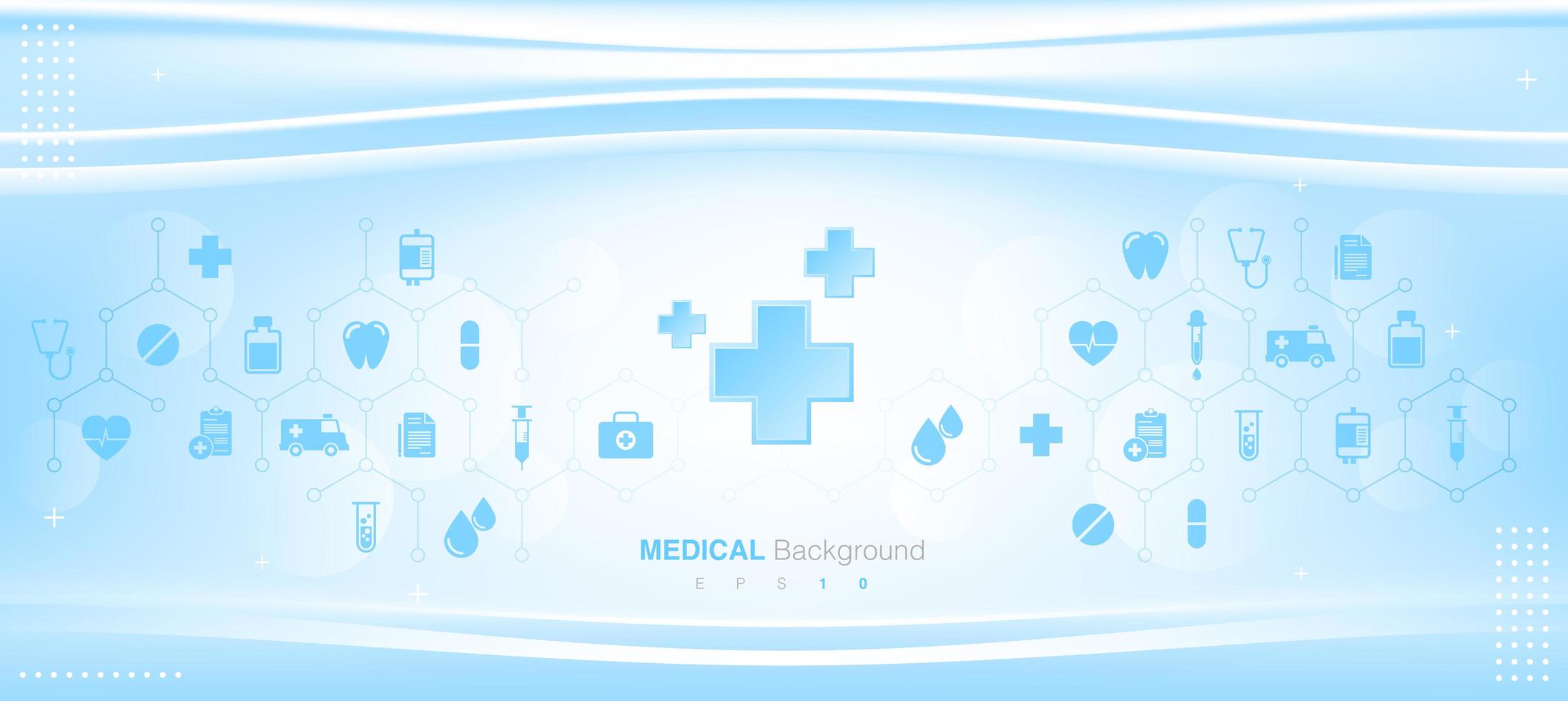 Fondo médico azul con iconos y símbolos planos vector