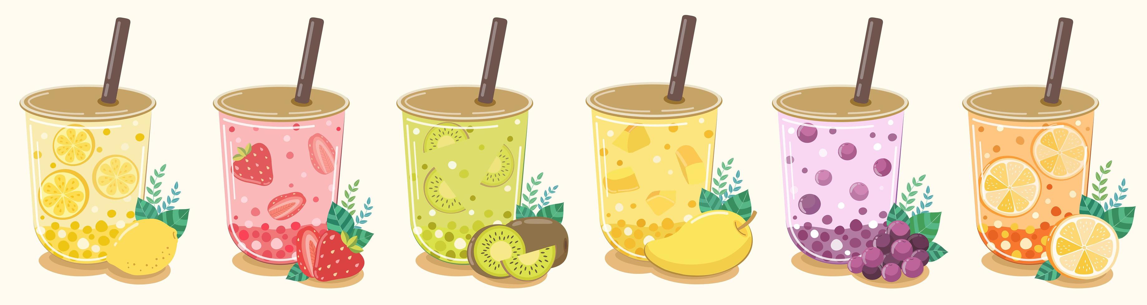 Fruit flavored fruit tea refreshing drink set vector