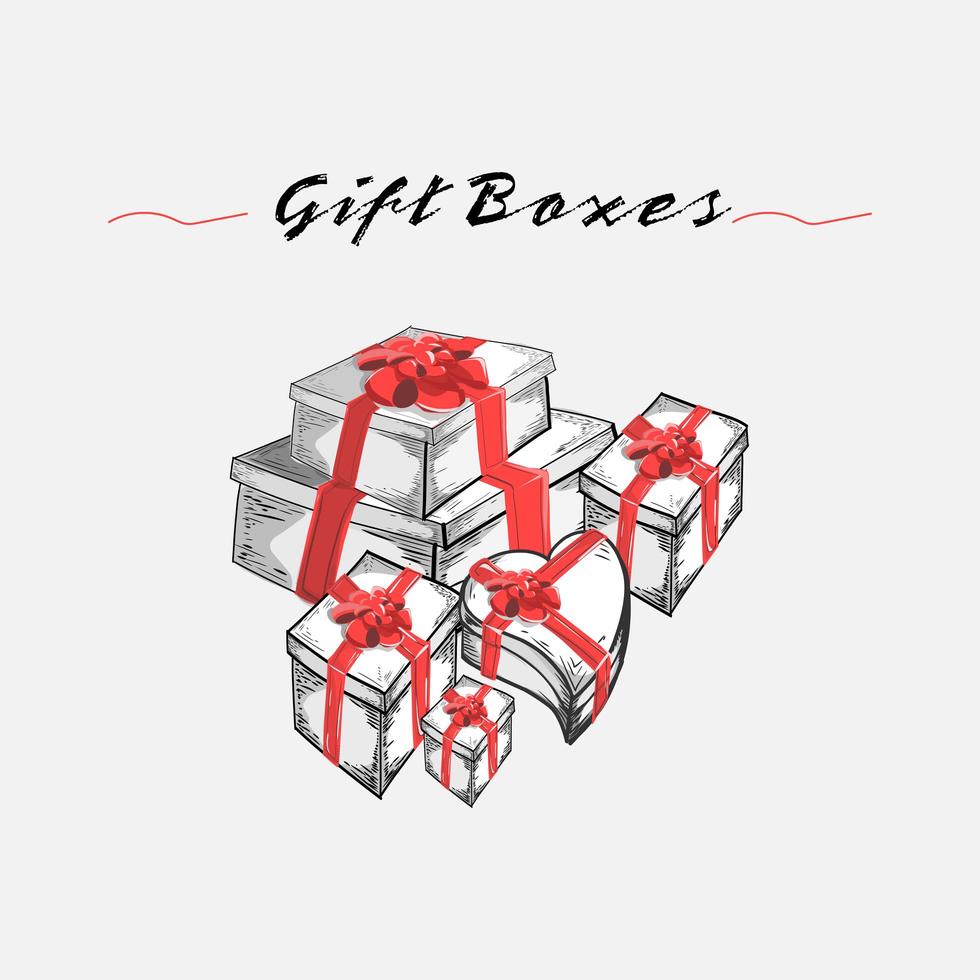 conjunto de cajas de regalo de estilo boceto dibujado a mano vector