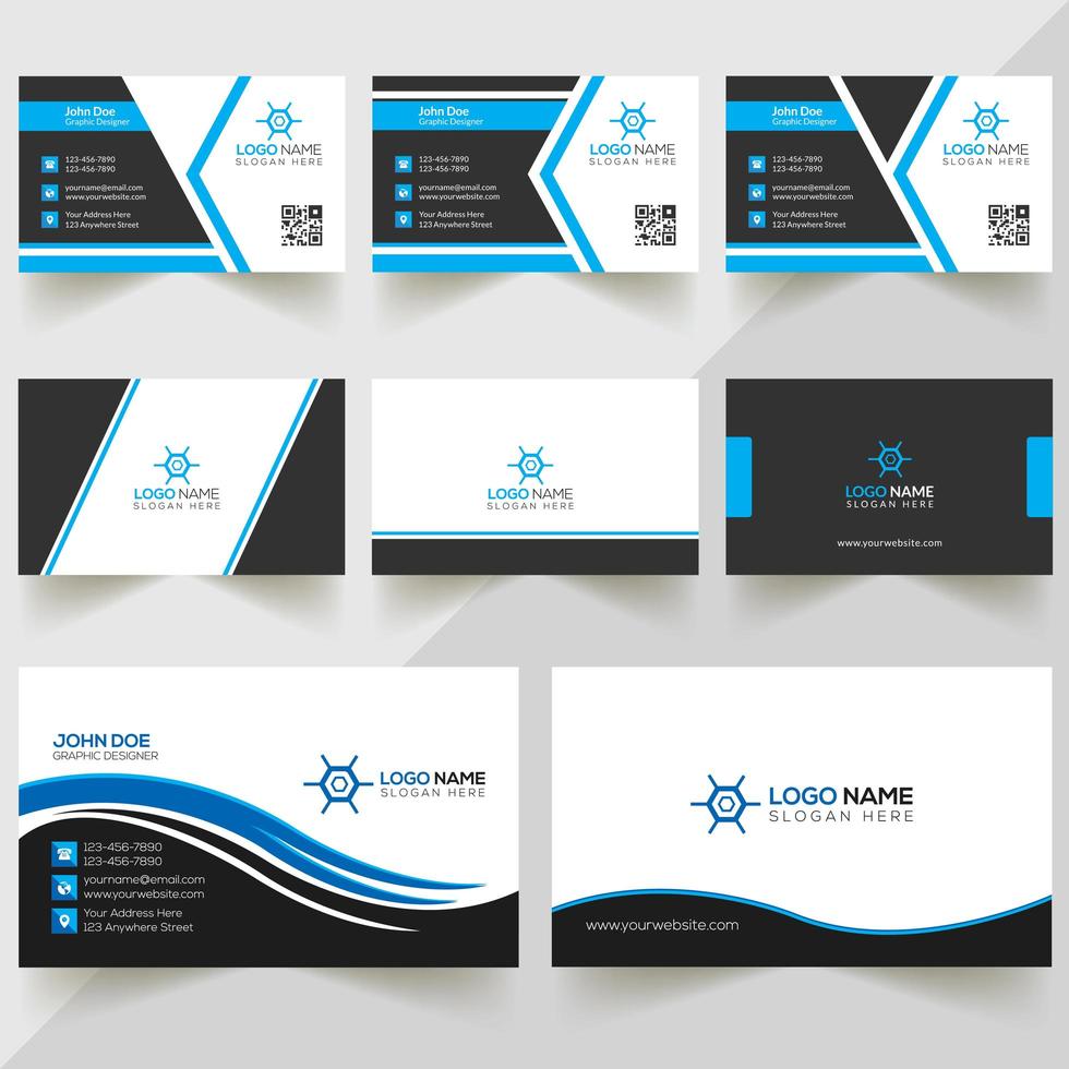 conjunto de diseño de tarjeta de visita azul, blanco y negro vector