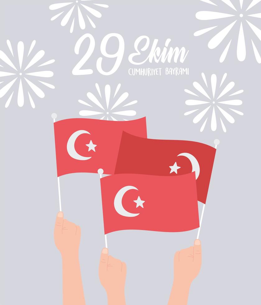 día de la república de turquía. manos con banderas y fuegos artificiales vector