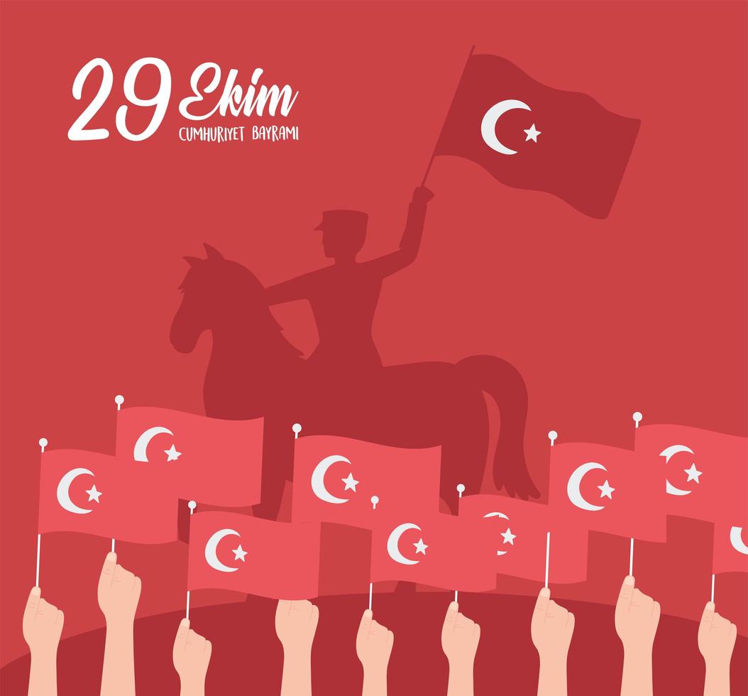 día de la república de turquía. manos y caballo de montar militar vector