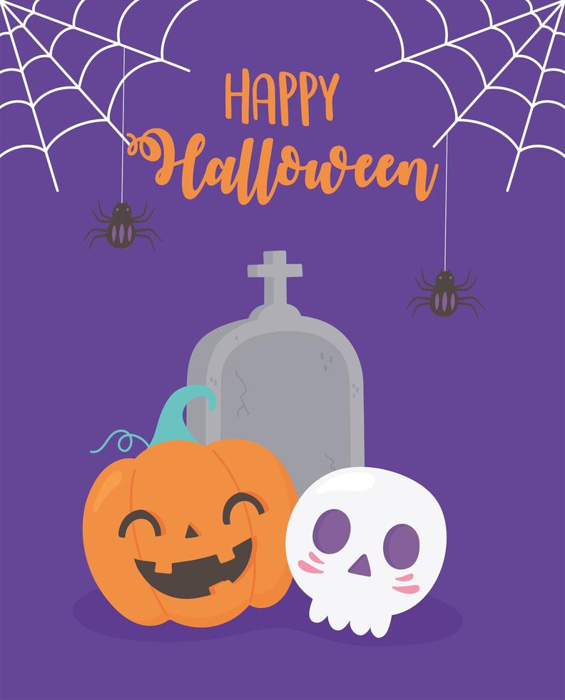 Happy Halloween. Pumpkin, skull, tombstone, cobweb, and spider vector
