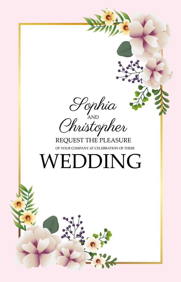 invitación de boda vertical con marco floral vector