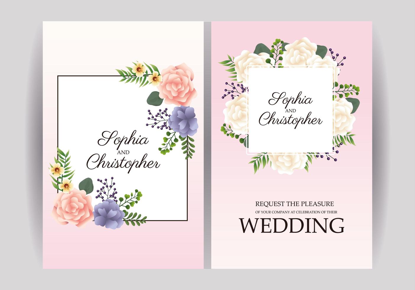 Wedding invitation with floral frame set vector