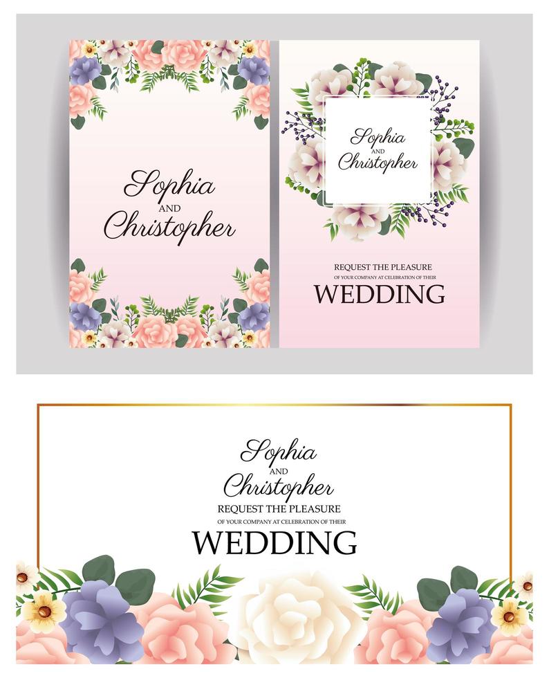 Wedding invitation with floral frames set vector