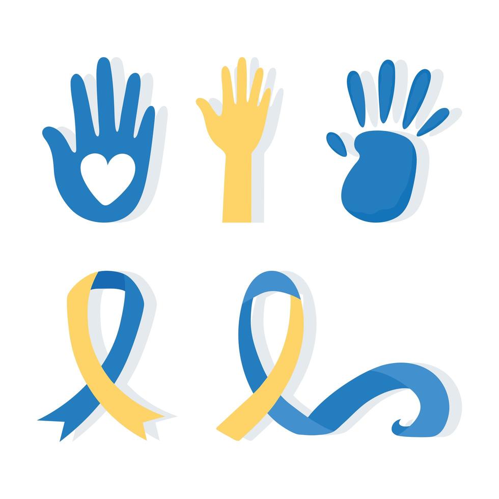 World down syndrome day. Handprints and awareness ribbon vector