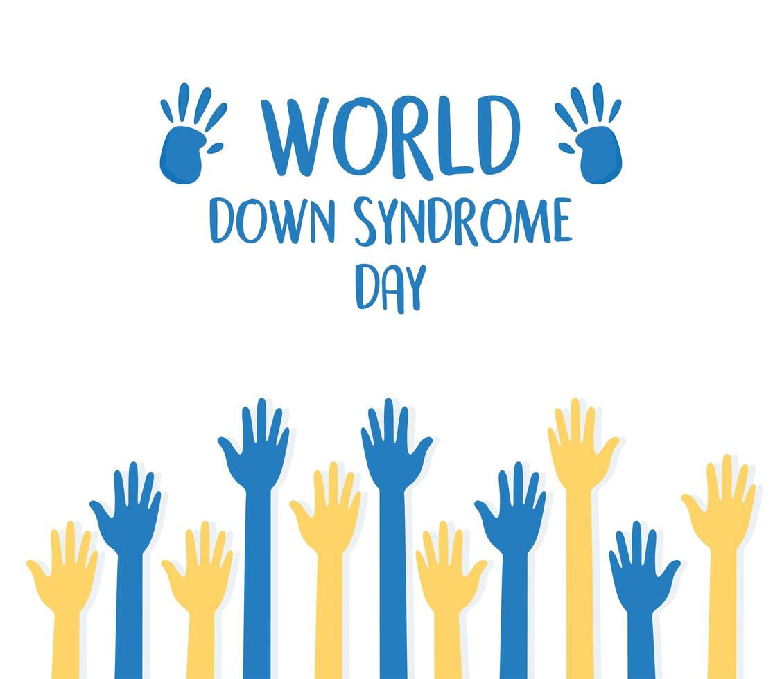 día mundial del síndrome de down. manos azules y amarillas vector
