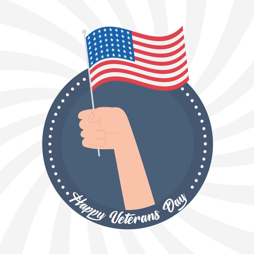 Feliz Día de los Veteranos. mano sosteniendo la bandera americana vector