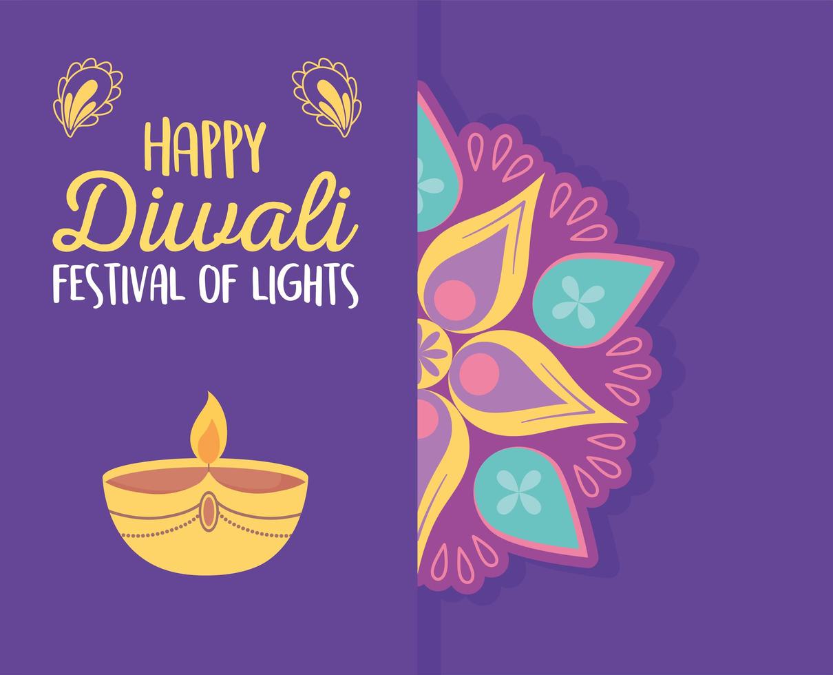 feliz festival de diwali. mandala y luz de velas vector