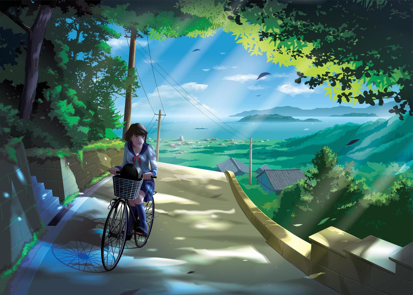 Girl riding a bicycle on a road in the countryside vector